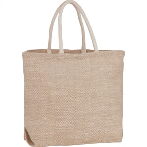 A large herringbone jute tote bag in a natural beige colour with sturdy handles. Features a logo.