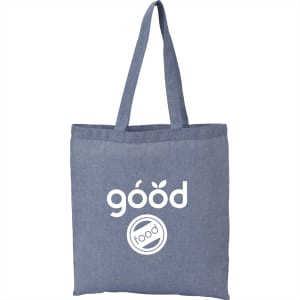 A blue recycled cotton twill tote bag with long handles and a logo on the front.