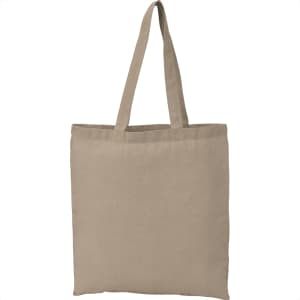 A beige recycled cotton twill tote bag with sturdy handles and a simple design, featuring a logo.