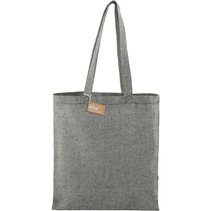 A grey recycled cotton twill tote bag with long handles and a hang tag, featuring a simple design.