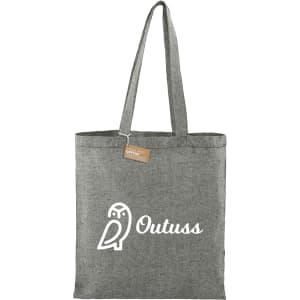 A grey cotton twill tote bag with two handles and a logo on one side.