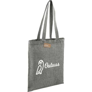 A grey recycled cotton twill tote bag with a design and a logo. Features two sturdy shoulder straps.