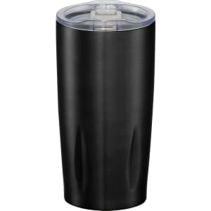 A drink bottle featuring a sleek black design with a clear lid, suitable for hot or cold beverages.