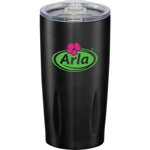 A drink bottle in matte black with a transparent lid and a logo on the front. It's a 590ml vacuum tumbler.