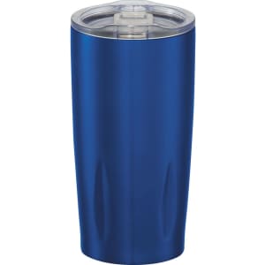 A drink bottle in a glossy blue finish with a clear lid and a logo on the side.