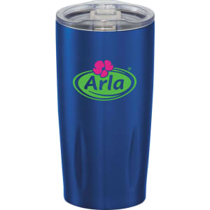 A drink bottle in blue featuring a clear lid and a logo, suitable for hot or cold beverages.