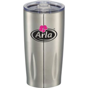 A drink bottle featuring a stainless steel finish, a clear lid, and a prominent logo.
