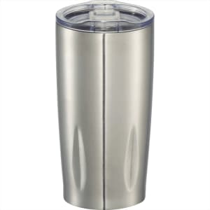 A drink bottle with a stainless steel finish and clear lid, featuring a sleek design and logo.