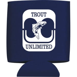 A collapsible can insulator in navy blue, featuring a logo design with a fish and text.