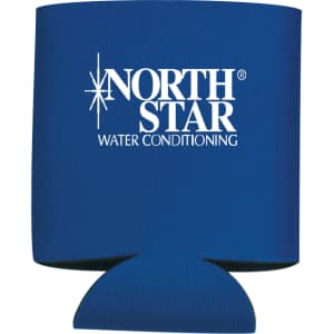 A collapsible blue can insulator for 350ml drinks, featuring a logo on one side.