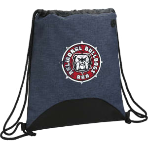 A drawstring sportspack in dark blue and black, featuring a circular logo.