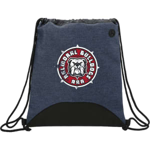 A navy drawstring sportspack with a black base and a logo featuring a bulldog.