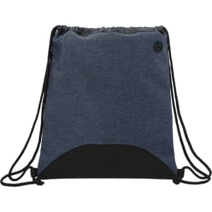 A drawstring sportspack in navy blue and black, featuring a logo, with adjustable drawstrings for closure.