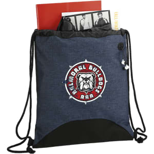 A dark blue drawstring sportspack with a logo, containing books and magazines.