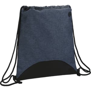 A drawstring sportspack in navy blue with a black bottom panel and a logo on the side.