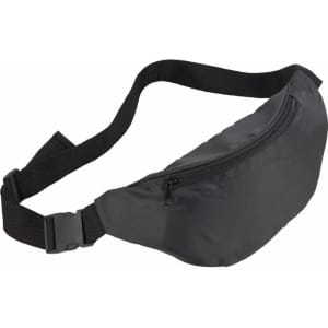 A black hipster budget fanny pack with a zippered compartment and adjustable strap. Features a logo on the front.