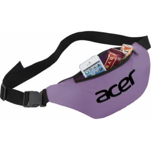 A purple hipster budget fanny pack with a zippered pocket containing a phone and snack bars. It features a logo.
