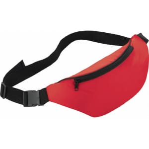 A red hipster budget fanny pack with a black adjustable strap and a zippered pocket. It features a logo.