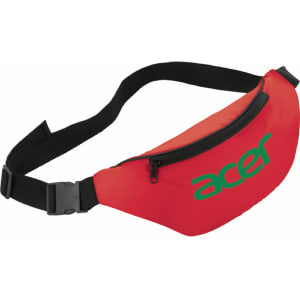 A red hipster budget fanny pack with a black strap and a front zip pocket, featuring a logo.