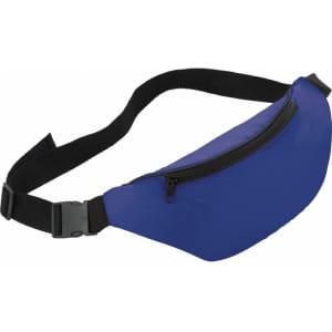 A blue fanny pack with a zippered compartment and an adjustable black strap. It features a logo.