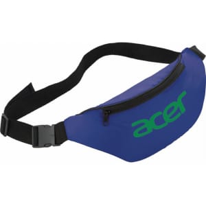 A blue fanny pack with a black strap, featuring a logo on the front and a zippered pocket.