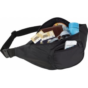 A black fanny pack with multiple compartments, holding a drink bottle, sunglasses, tickets, and a smartphone.