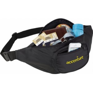 A black fanny pack with a zippered pocket, containing tickets, sunglasses, a drink bottle, and a phone. Features a logo.