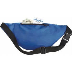 A blue bum bag with a zippered pocket containing cash and a card. It features an adjustable strap and a logo.