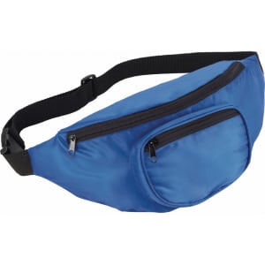 A blue fanny pack with two zippered pockets and an adjustable strap. It features a logo on the front.