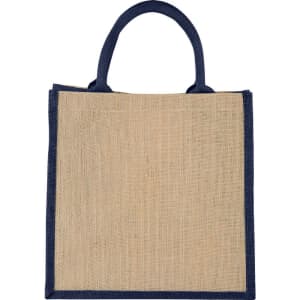 A medium jute gift tote in natural burlap with navy blue handles. Includes a logo on the front.
