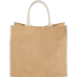 A large jute tote bag in a natural beige colour with white handles and a logo.