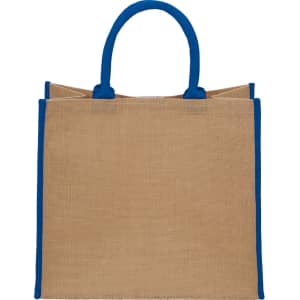 A large jute tote bag in natural and blue, featuring sturdy handles and a simple design.