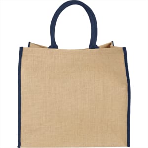 A large jute tote bag in natural colour with navy blue handles and trim. Features a branding logo.