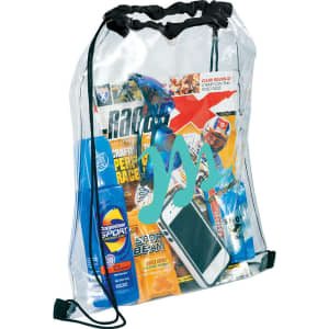 A clear drawstring sportspack filled with sunscreen, energy gels, and a smartphone, featuring a logo on the front.