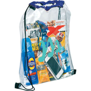 A clear drawstring sportspack featuring various items including sunscreen and a mobile phone, with a blue top and logo.