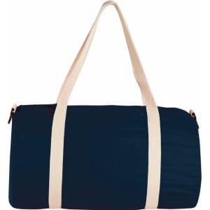 A navy blue barrel duffel bag with light-coloured straps and a logo on the side.