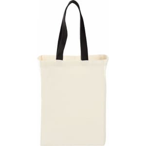 A natural cotton grocery tote in cream with black handles, featuring a simple design and no visible logos.