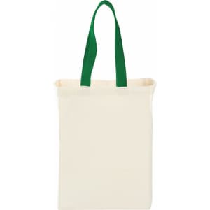 A natural cotton grocery tote bag in off-white with green handles, featuring a simple design and one logo.