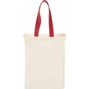 A natural cotton grocery tote in cream with red handles, featuring a simple design and a branding logo.