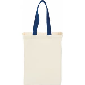 A natural cotton grocery tote bag in cream with blue handles, featuring a simple design and a logo.
