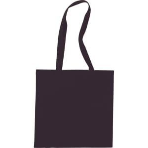 A black tote bag with two long handles and a simple, plain design. It features a branding logo.