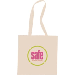 A beige cotton tote bag featuring a round logo in pink and green. It has two shoulder straps.