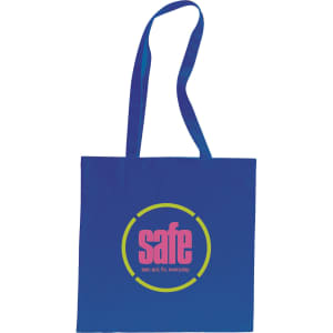 A blue tote bag with long handles featuring a circular logo in the centre.