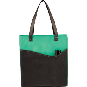 A green and black non-woven tote bag with a large compartment and a pocket on the front. It has sturdy handles and a logo.