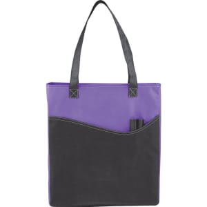 A purple and black non-woven tote bag with handles and a side pocket for additional items, featuring a logo.