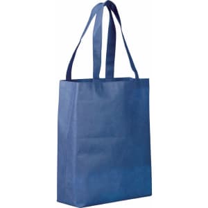 A blue non-woven tote bag with two handles and a logo on the front.