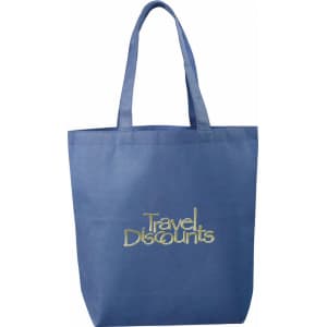 A blue non-woven tote bag with two handles, featuring an embroidered logo.