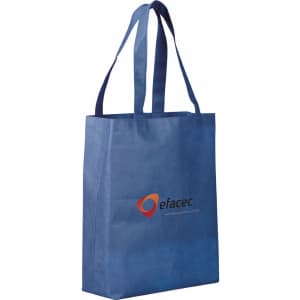 A blue non-woven tote bag with two handles and a logo on the front.