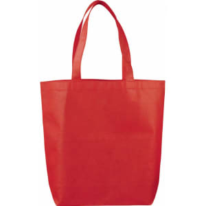 A red non-woven tote bag with two handles and a blank front, featuring a logo.