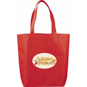 A red non-woven tote bag featuring dual handles and a branded logo in the centre.
